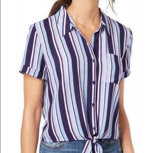 Women’s retro blue and purple striped blouse.